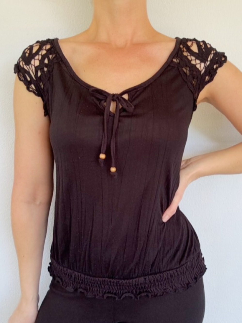French Laundry Petite black sheer crochet lace trim tie neck blouse size medium